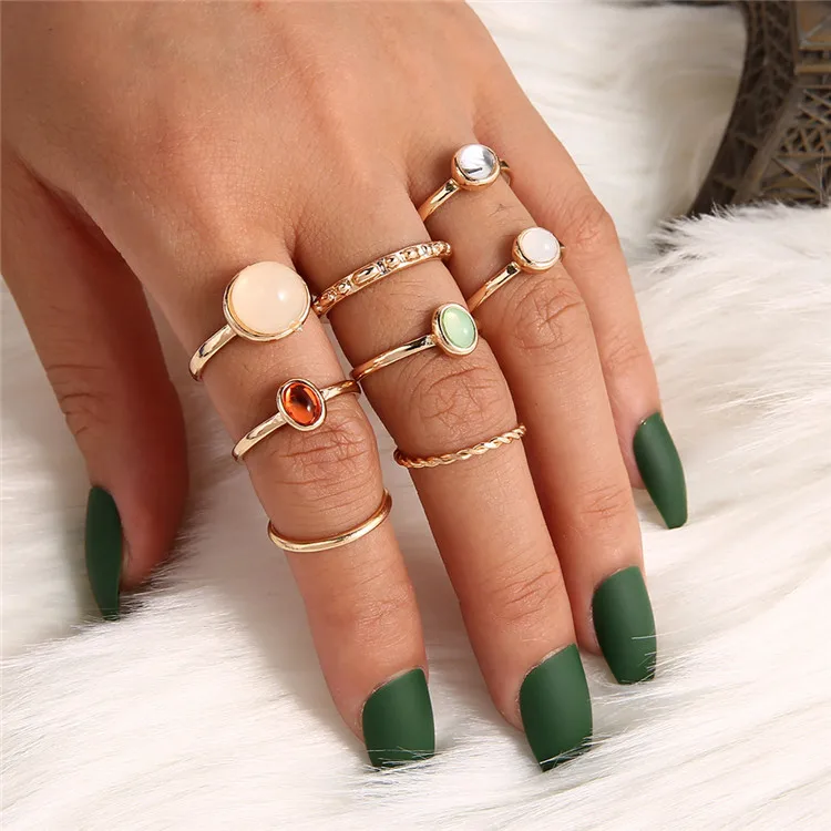 

New Fashion Hot Sale Opal Champagne Multicolor Ring 8 Piece Set Vintage Stackable Midi Finger Rings Jewelry Women Set, Picture shows