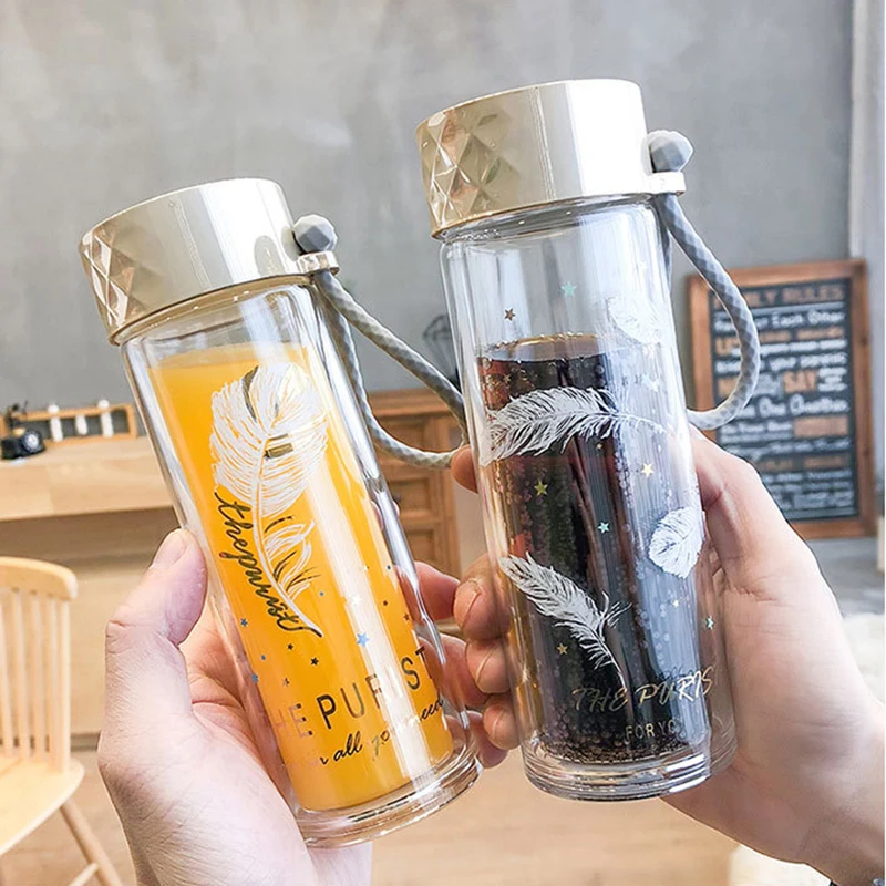 

Korean style double wall transparent glass bottle with gold lid, Pink, brown, blue