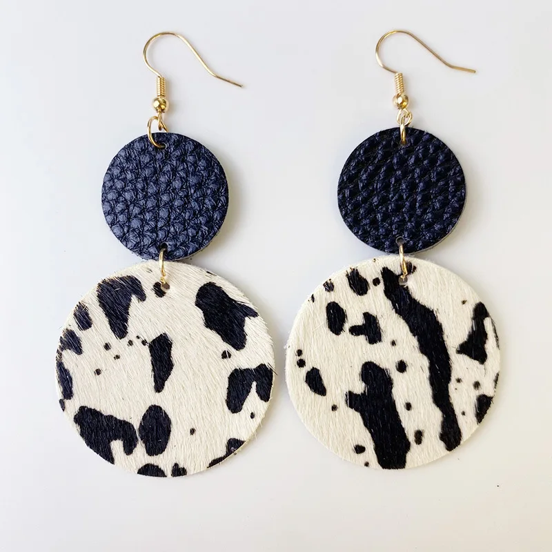 

CE0506 Leather Cowskin Earrings Cow Print Earrings Cow Pattern White And Black Leather Earrings, Gold