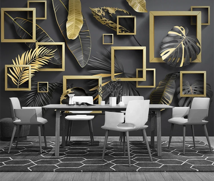 
Nordic modern golden leaves sticker wallpaper tropical plants 3d geometric luxury self-adhesive wallpaper 