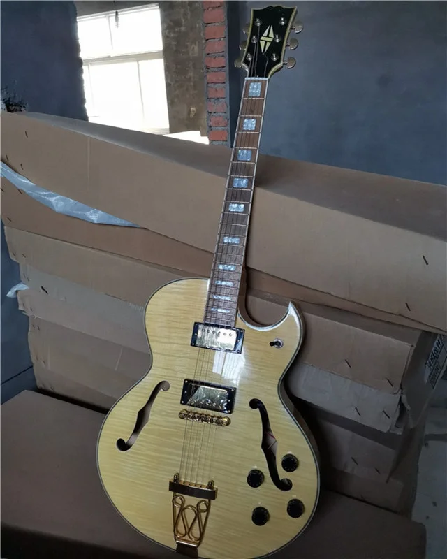 

6 Strings Semi-hollow Original Body Electric Guitar with Flame Maple Veneer,Golden Hardware,can be customized