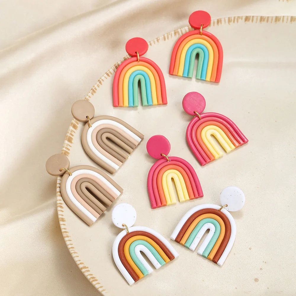 

LJJA25 Korean Retro Rainbow Earring Girl U shape Candy color Ear Jewelry Women Personality Design Art Clay Earrings, 4 styles