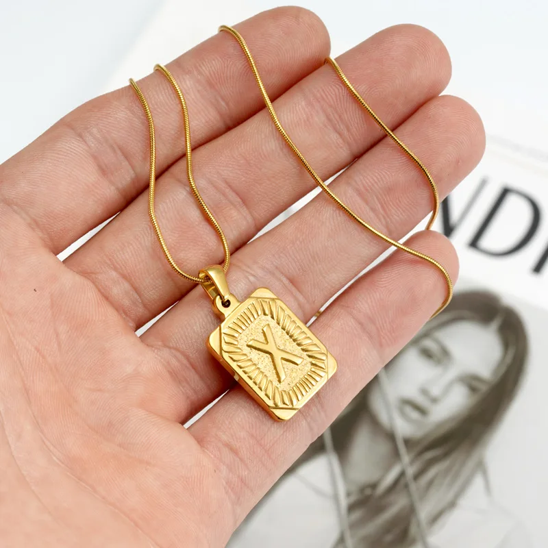 Fashion Initial 26 Letter Square Pendant Necklaces for Women18K Gold Plated  Chain Charms Stainless Steel Jewelry Wholesale