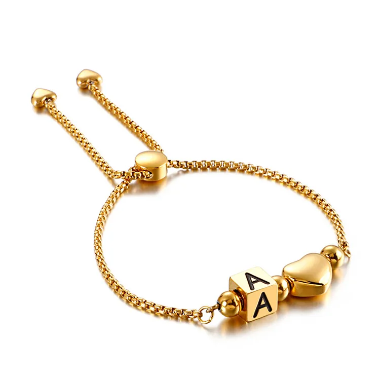 

Europe Style Adjustable Luxury Square 26 Letters Beads Gold Heart Stainless Steel Bracelet