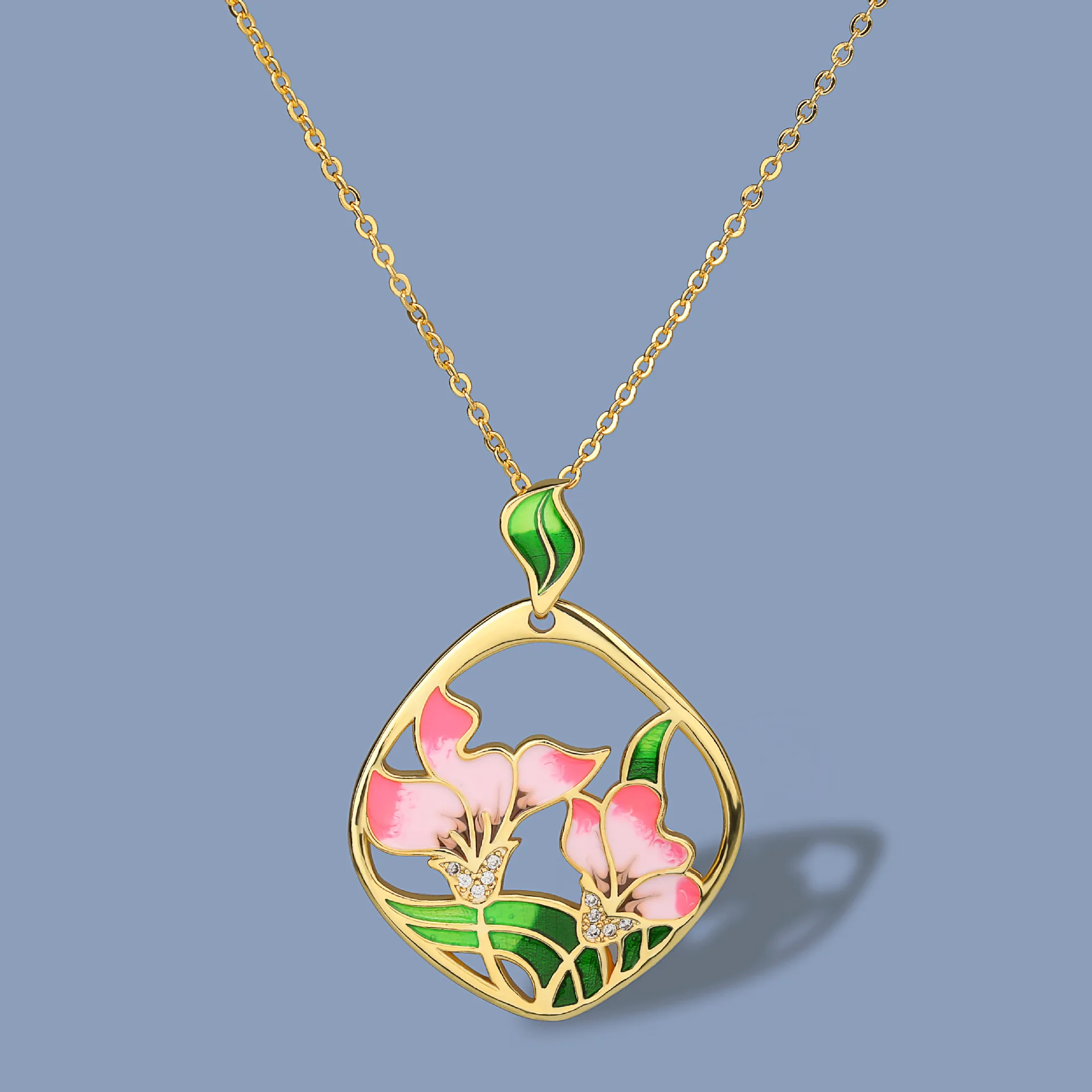

Fashion Jewelry KYNL0332 Flower Shape 3A Zircon Enamel Necklaces Jewelry For Women, Gold