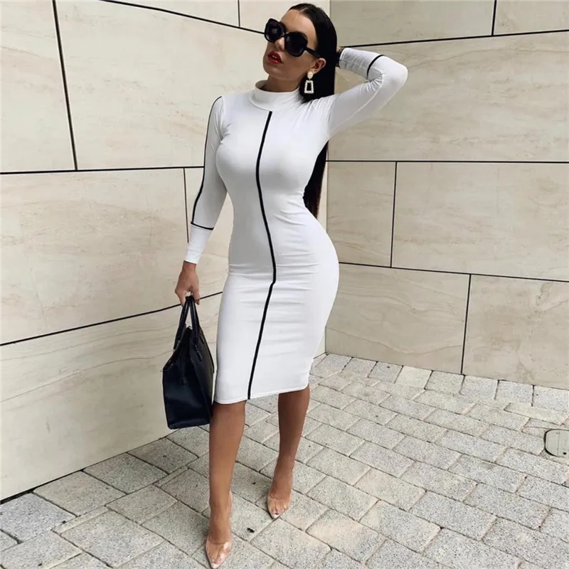 

Casual Bodycon Women Long Dress Fashion Full Sleeve Striped Patchwork Dresses Fashion Turtleneck Ladies Skinny Dresses