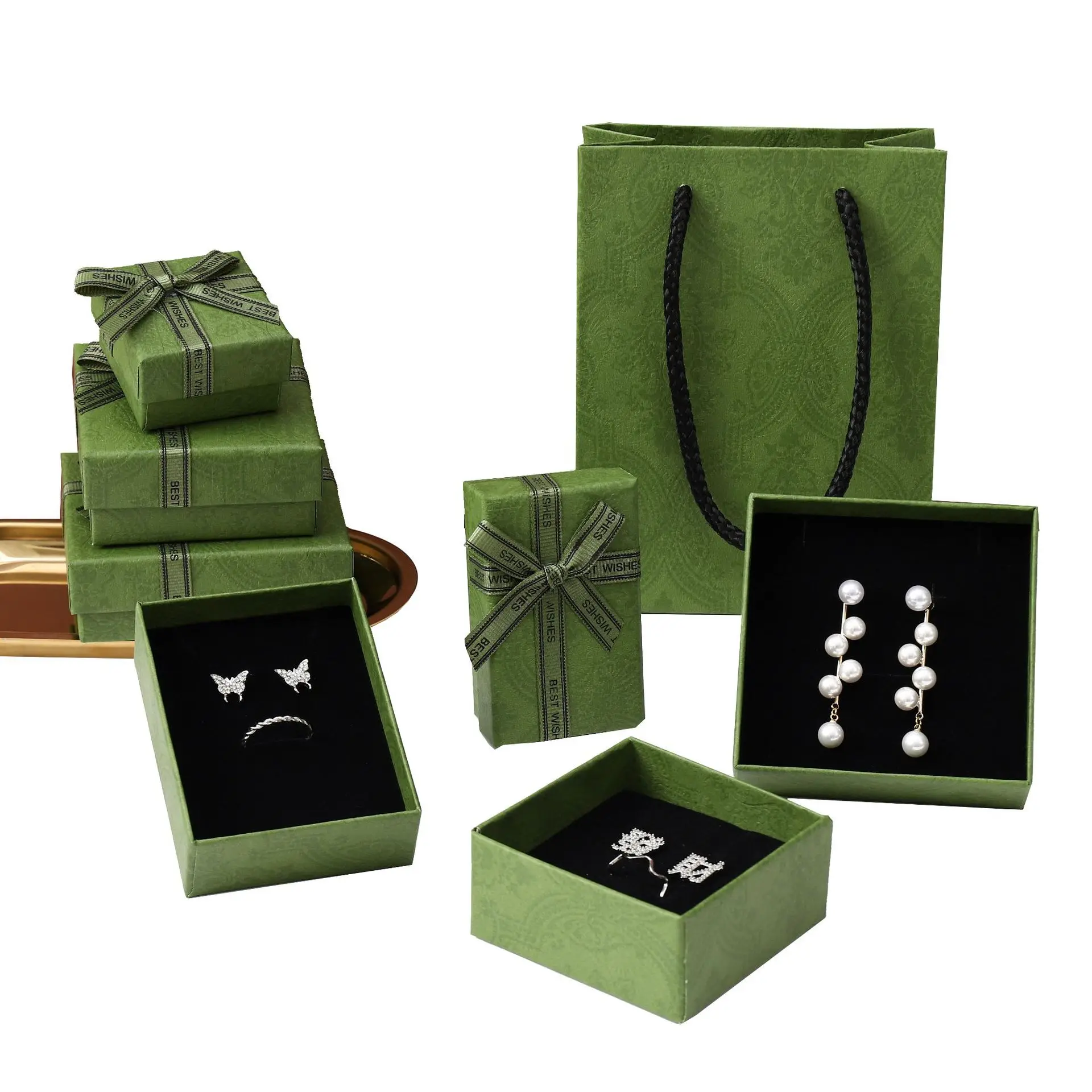 

engagement wedding ring jewelry box packaging women paper green custom gift box jewelry necklace earring boxes