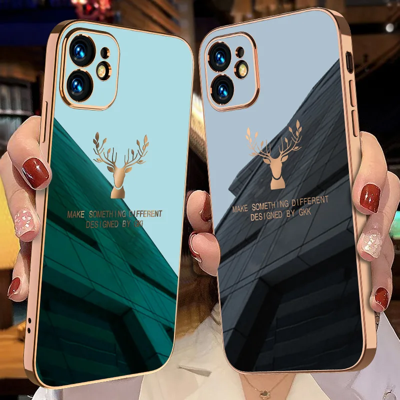 

Luxury Fashion Silicone Soft Square Frame Plating Deer Phone Case For 12 11 Pro Max Mini X XS XR Back Phone Cover Fundas, 3 colors