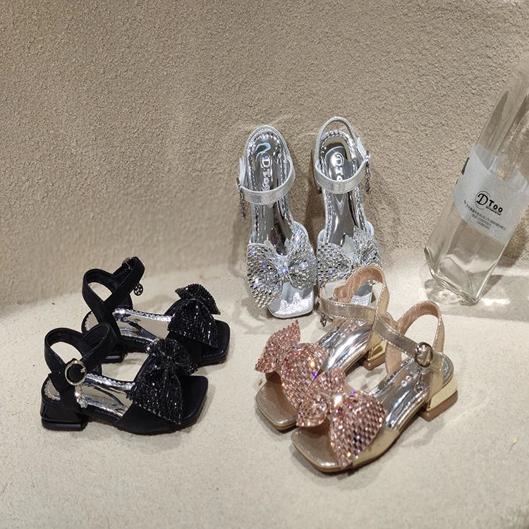 

Girls sandals bowknot crystal princess shoes 2021 summer new fashion shoes with heel