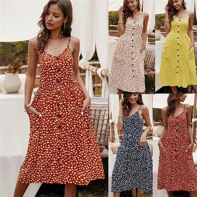 

2021 Ladies Printed Dress V-neck Floral Sling Dress, Picture color