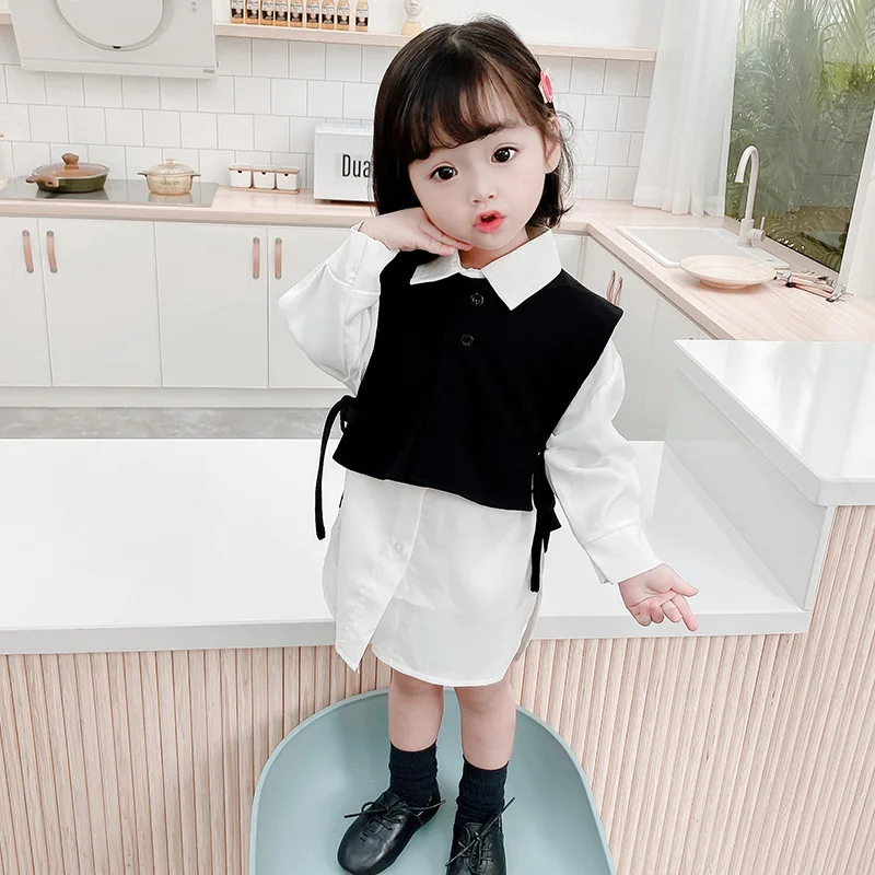 

New fashion toddler Girls long sleeve solid shirt dress with sleeveless vest Girls casual Dress, Picture shows