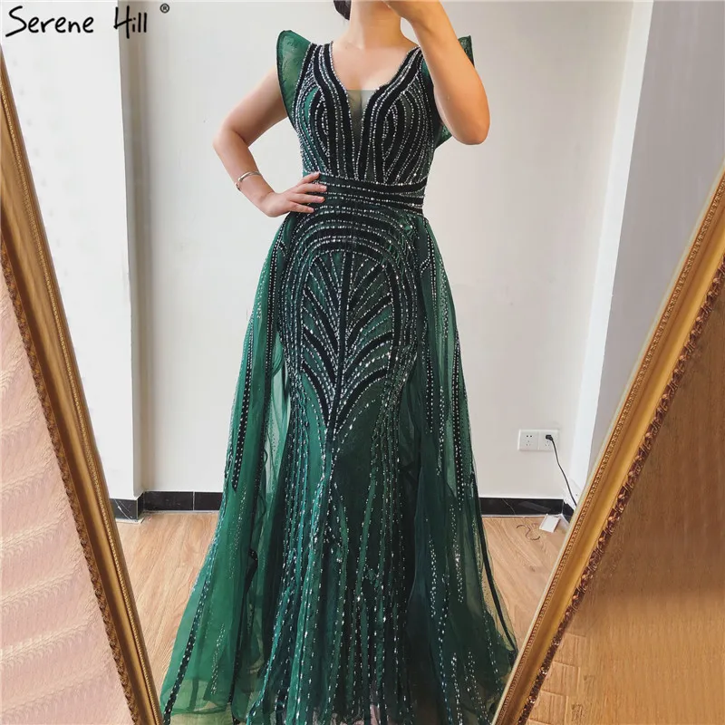 

Green Deep V Neck Beaded Luxury Evening Dresses Serene Hill LA70198 Sleeveless Mermaid Long Party Gowns For Women With Overskirt