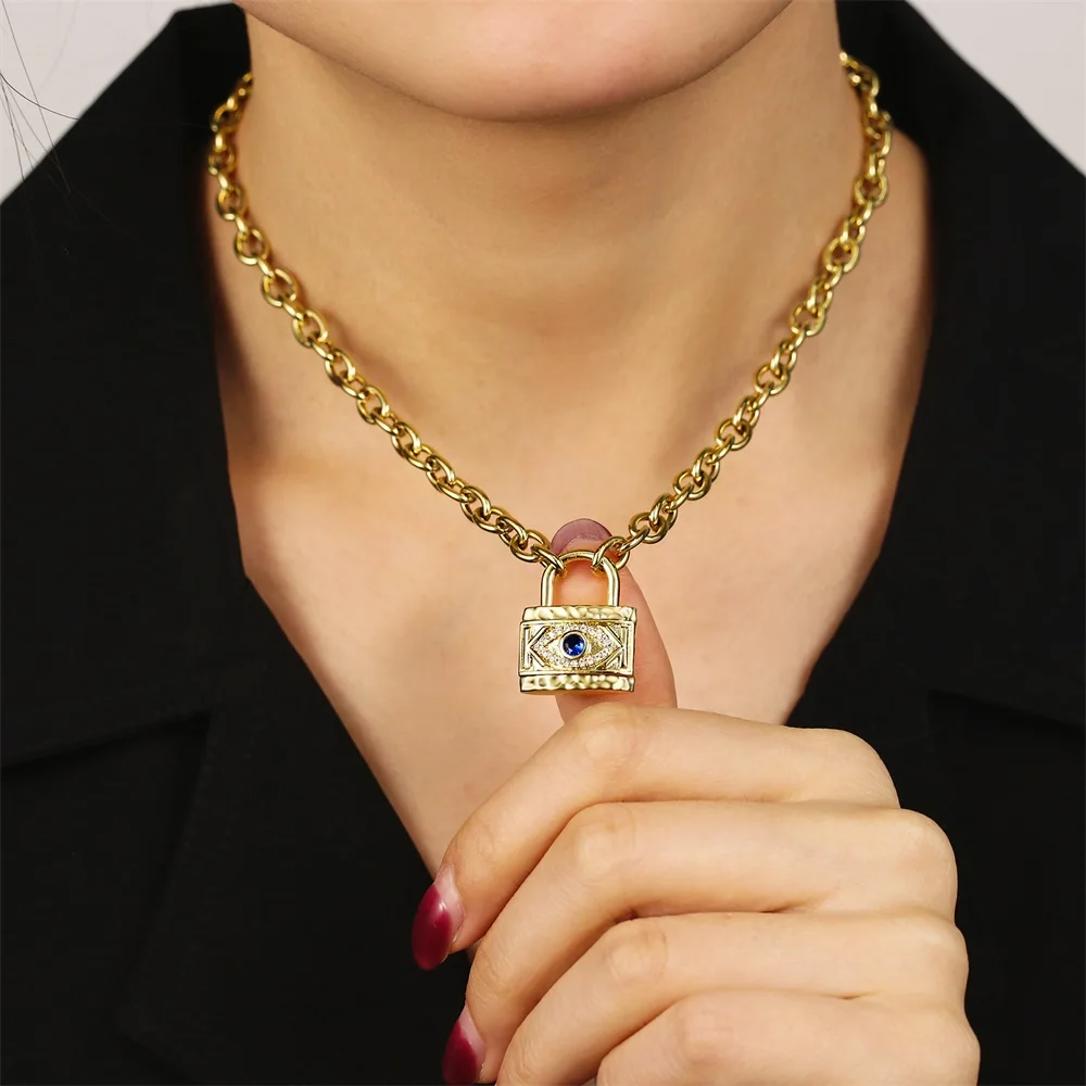 

KRKC Fashion Evil Blue Eye lock Pendant 14k Gold Plated chain CZ Diamond Evil Devil Eyes lock Necklace for Women