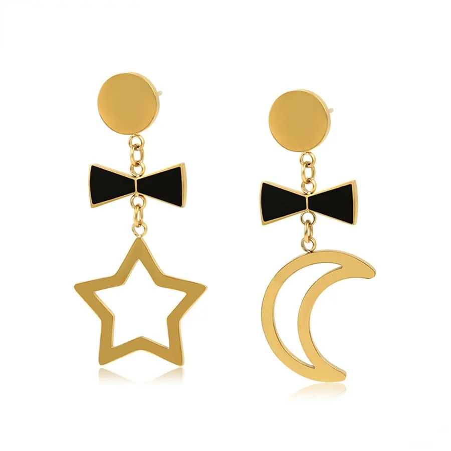 

98810 Xuping jewelry elegant and exquisite star moon niche black bow 14K gold stainless steel long pendant earrings