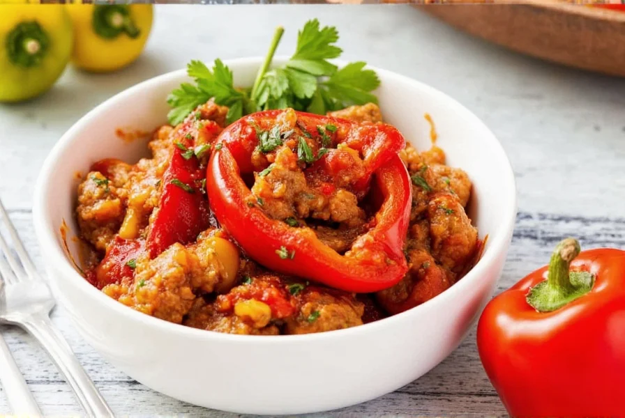 Finished unstuffed pepper skillet meal served in white bowl with fresh parsley garnish