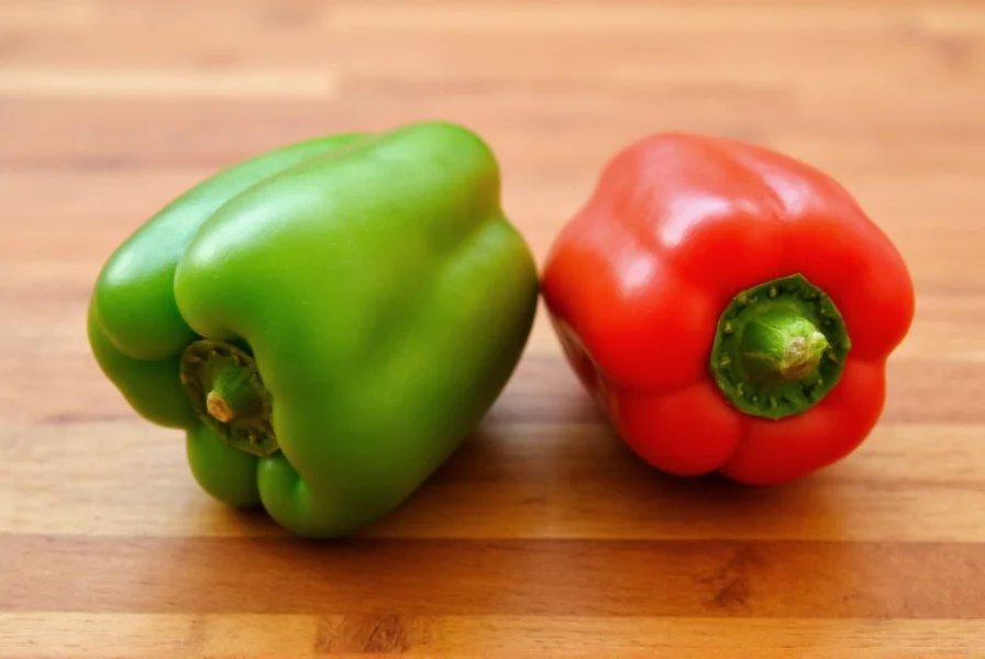 Close-up comparison of green and red serrano peppers showing their smooth skin and tapered shape on a wooden cutting board