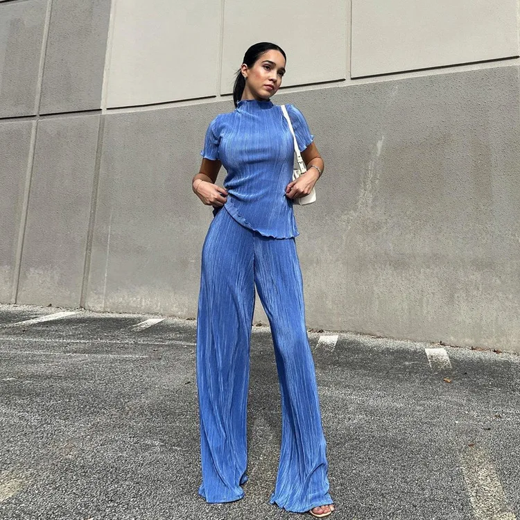 

Enyami OOTDs Pleated Fabric Women Short Sleeve Blouses Plisse High Waist Wide Leg Pants Suits Casual 2 Two Piece Matching Set