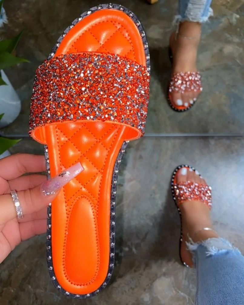 

2020 hot sale popular flat beach anti-slippery round head women's sandals plus size casual rhinestone sequins women's slippers