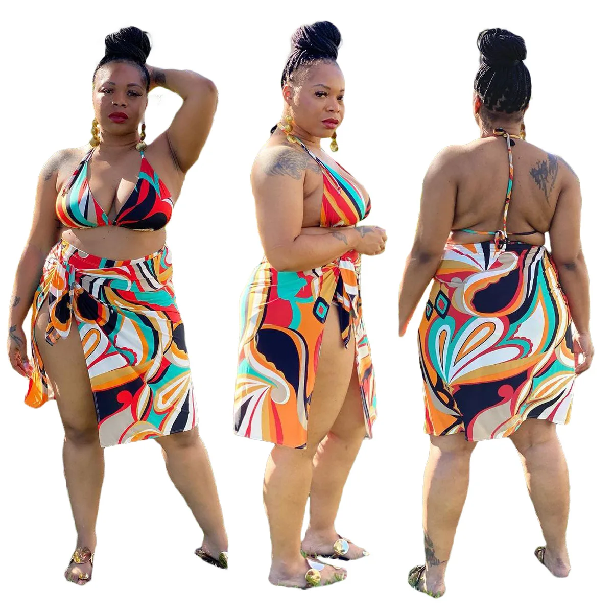 

2021 New Plus Size Women'S Digital Printing Three-Piece Swimsuit