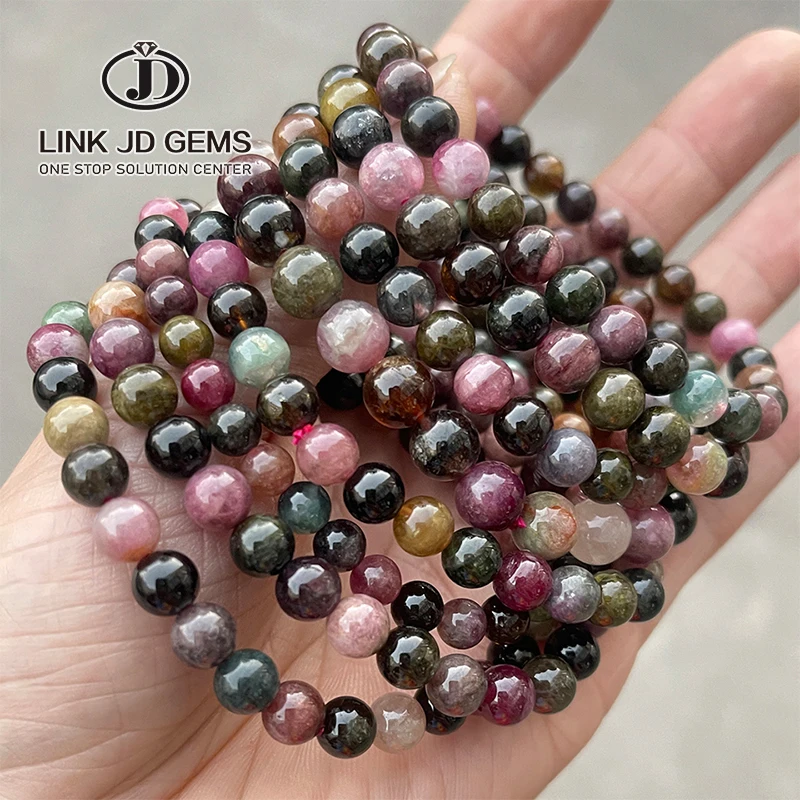 

JD Women 5-7mm Round Colorful Beads Healing Elastic Bangles 5A Natural Multicolor Tourmaline Bracelets for Jewelry Gift