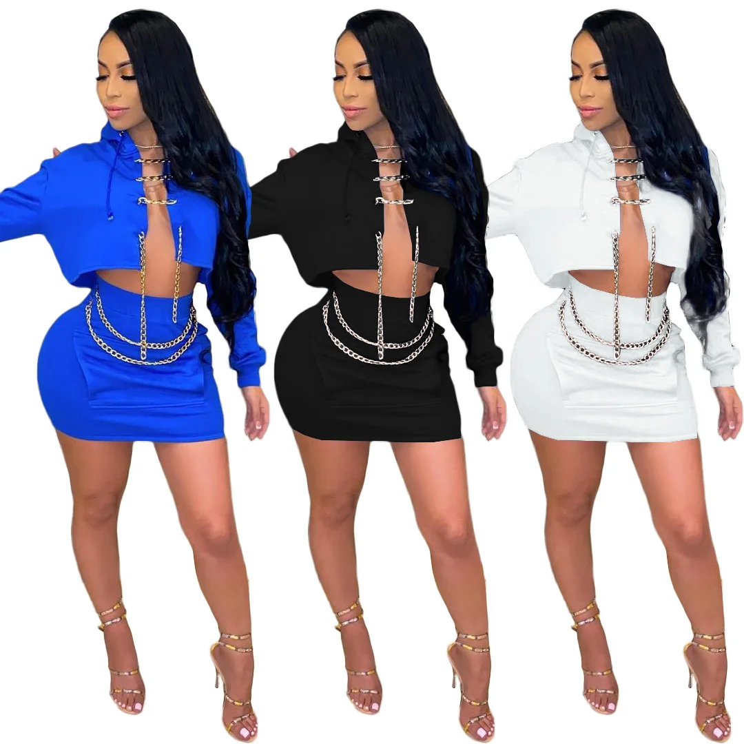 

2021 New Trendy chain crop top with skirts two piece skirt set fashion outfit spring womens clothing