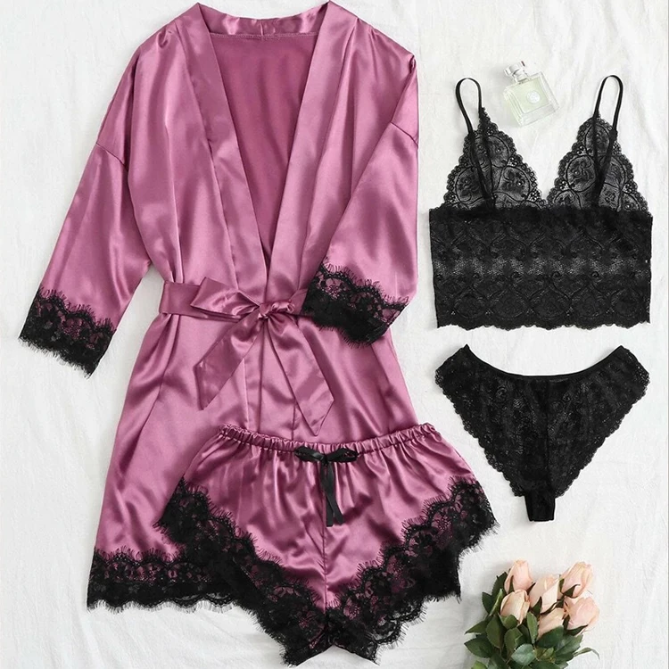 

Pijama Women Satin Pajamas Set Lace Wireless Bra Camisole Shorts Bow Robe Set Sleepwear Pajamas Set Women Pyjama