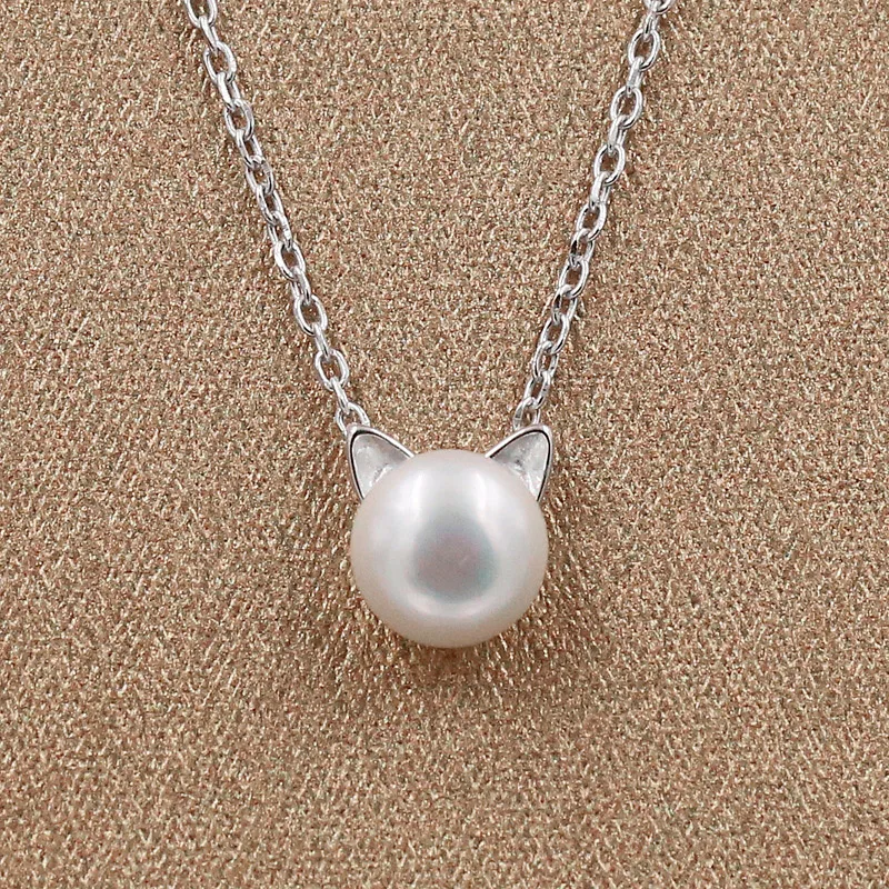 New Fashion 925 Silver Cute Cat pearl Necklace Sterling Silver Cat Charm Necklace For Women