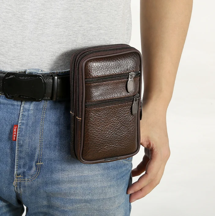 

Factory Wholesale Hot Selling Fashion Men Really Genuine Cowhide Leather Cellphone Coins Card Little Waist Bag