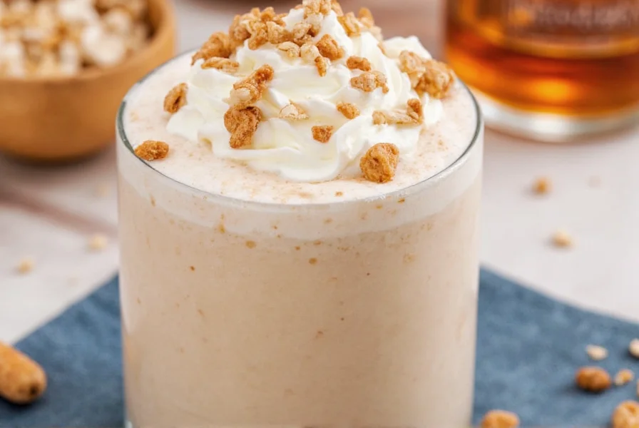 Close-up of cinnamon toast crunch drink in mason jar with cereal pieces floating on top, natural lighting