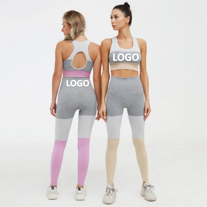 

New Seamless Yoga Set Womens Fitness Workout Clothing Sportswear Splices Colors High Waist Gym Leggings Bra, As pictures