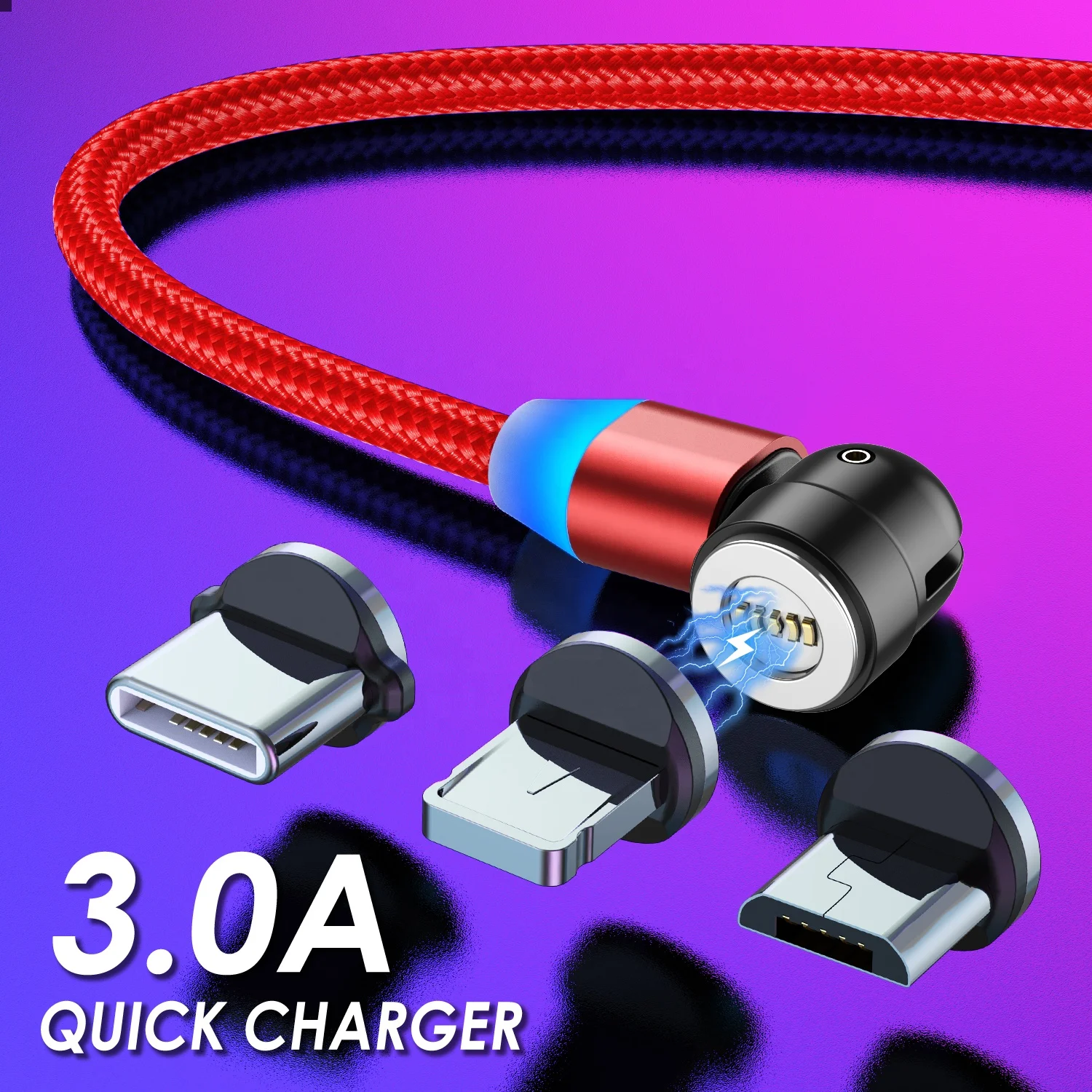 

USLION New selling nylon braided 3 in 1 usb micro type c magnetic charging usb cable 540 degree data cable, Black red purple silver