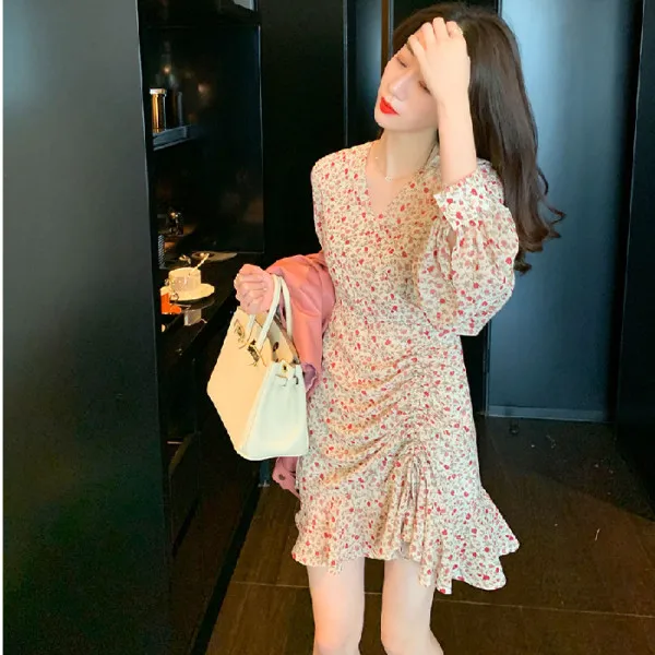 

Spring new style loose long-sleeved waist skirt floral chiffon dress women