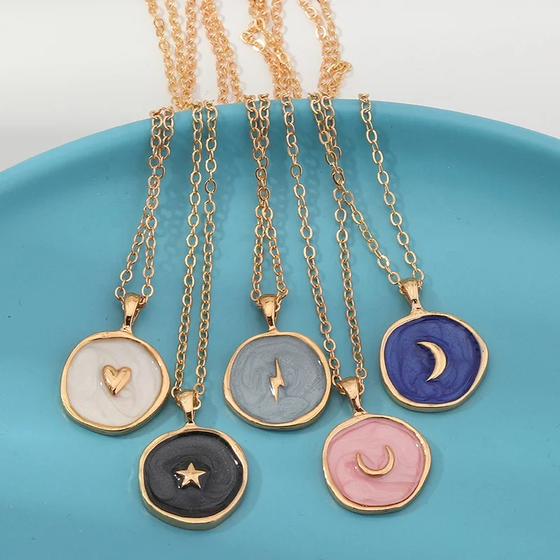 

New Arrived Hot Sale Product Star Moon Love Heart Lightning Necklace Earring Ring Dripping Oil Necklace Women, As pictures