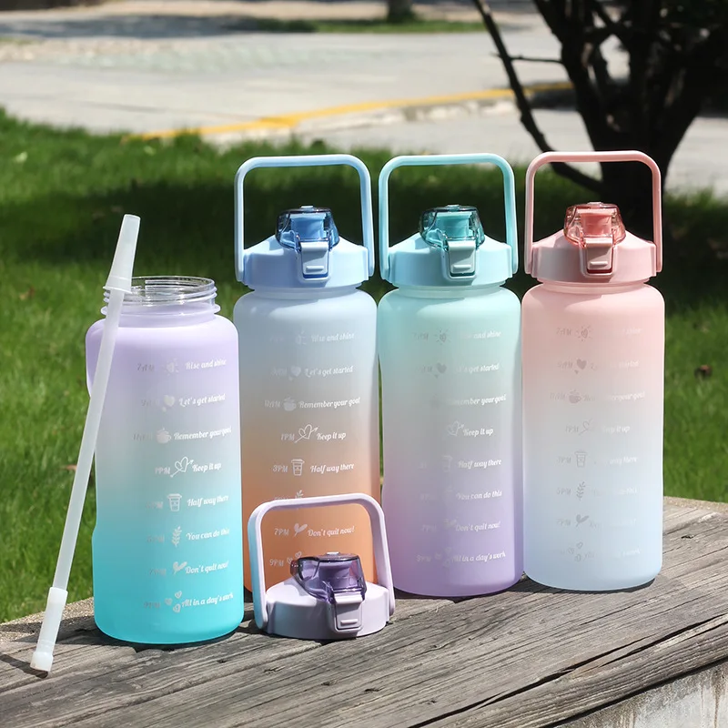 

2000ml Portable Plastic Water Bottles Kids Water Bottle Gym Sport Travel Drinking Water Bottles with Time Marker, Multicolor