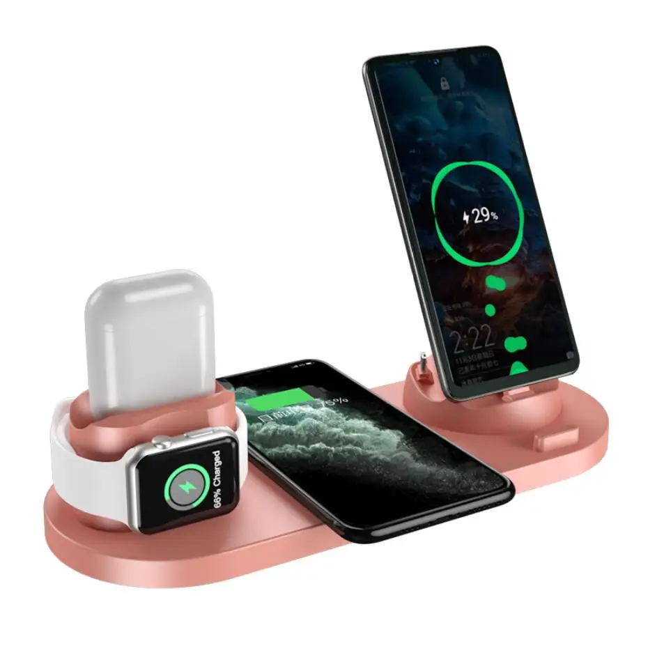 

Factory Wholesale 10W Type C Android 6 In 1 Multi Device Function Wireless Fast Charger All In One, White/black/pink