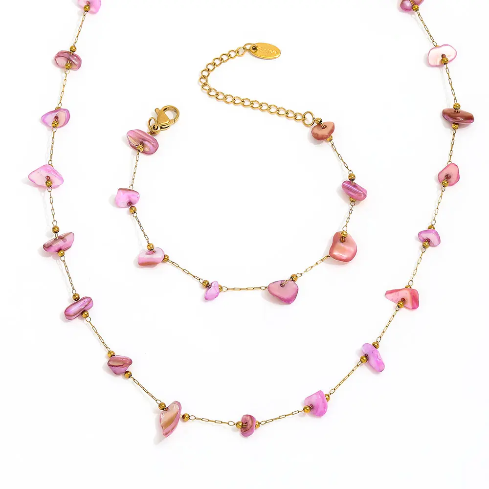 Joolim 18K Gold Plated Irregular Colorful Stone Pendant Dainty Chain Necklace Stainless Steel Jewelry Wholesale Bracelet Set