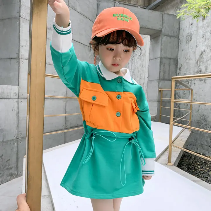 Korean Version Dress Waist Polo Skirt New Fashion Autumn Long Sleeve Dresses Children Clothes Kids Frock Design For Baby Girl