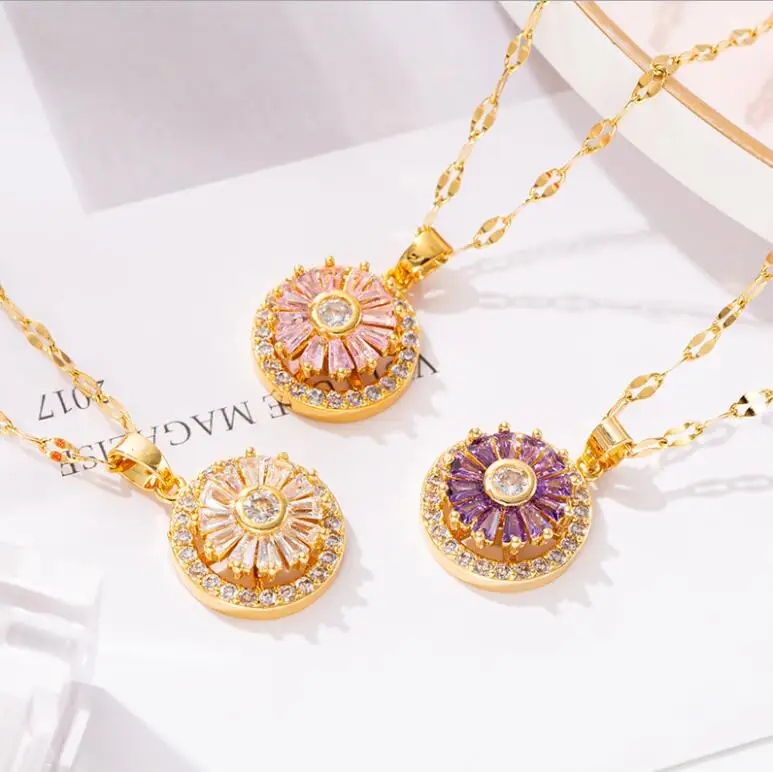 

Rotating Zircon Pendant Necklace Titanium Stainless Steel Gold Chain Necklace Inlaid Zircon Fashion Trendy Women Jewelry