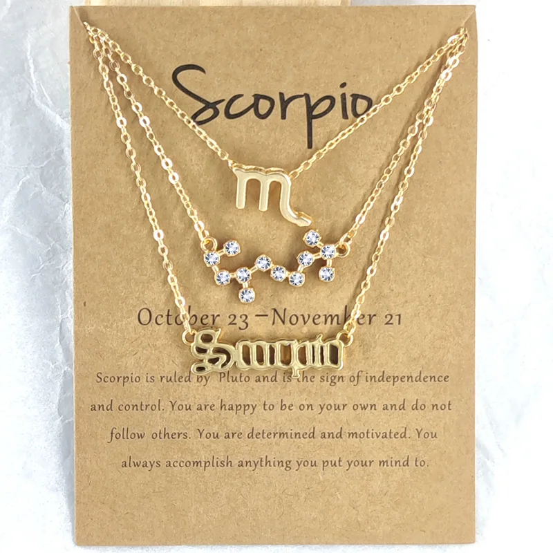 

Gold 3PCS/Set Astrology Horoscope Constellations Necklace Jewelry Set Crystal Rhinestone 12 Zodiac Necklace Set