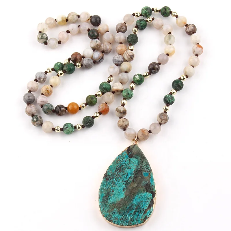 

Women 8mm Long Knotted Bamboo Agate African Turquoise Natural Stone Hematite Necklace Africa Turquoise Drop Pendant Necklace