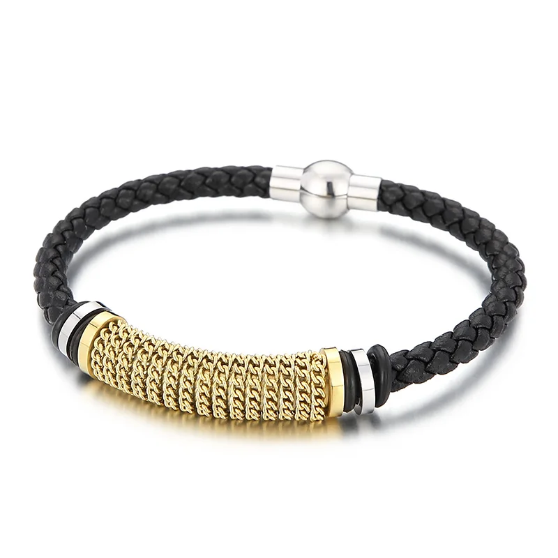 KALEN Mens Punk 210mm Cowhide Bracelet With Silver/Gold/Black Stainless Steel Chains