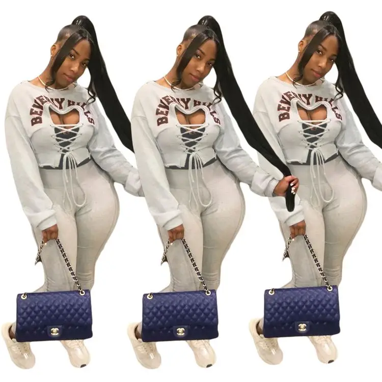 

2021 plus size stylish Print Bandage long sleeve crop top with legging set 2 piece set spring clothing for women, Picture