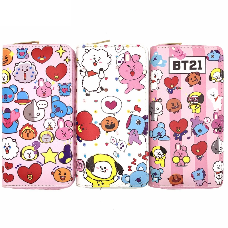 

New-5 Official BTS Wallet BT21 Purse Girls Cosmetic Bags Anime Cartoon PU Leather Bag Bangtan Boys Wallet