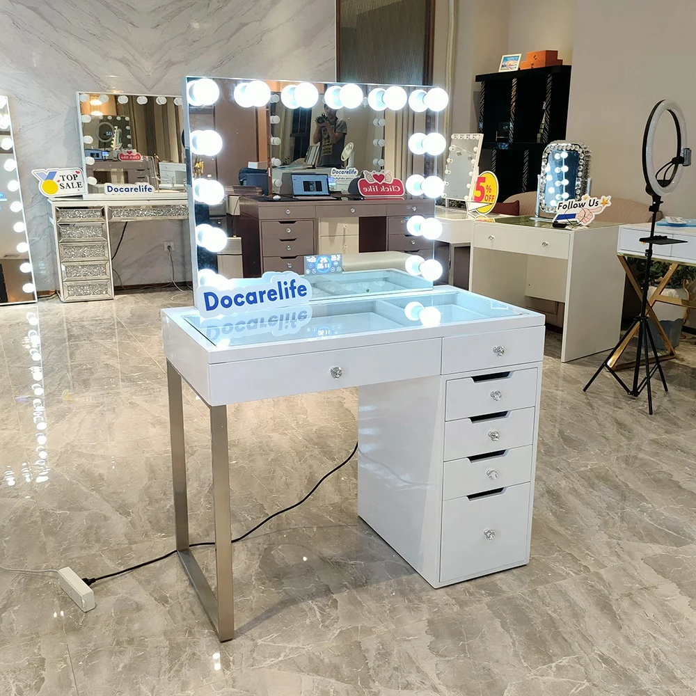 

Stock in US! Docarelife Luxurious Solid Wooden Vanity Modern Large Dressing Table with LED Bulb Mirror, White