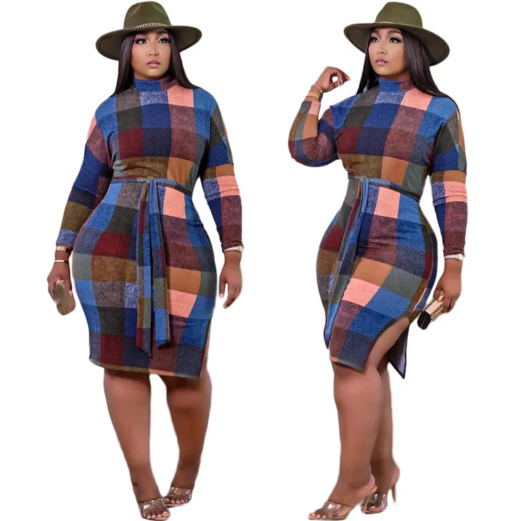 

EB-2021010653 2021 Elegant Lady Plaid Split Long Sleeve Tight Clothing Drawstring Sexy Spring Women Maxi Dress