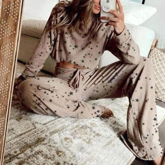 

2021 Pajama sequined stars Cotton pajama long-sleeved top and pants casual suit silk pajama set women