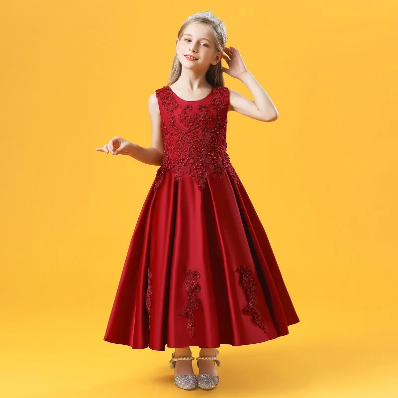 

Elegent Satin Girls' Dresses Hot Sale Long Evening Ball Gown Flower Girl Dress With Beaded 2055