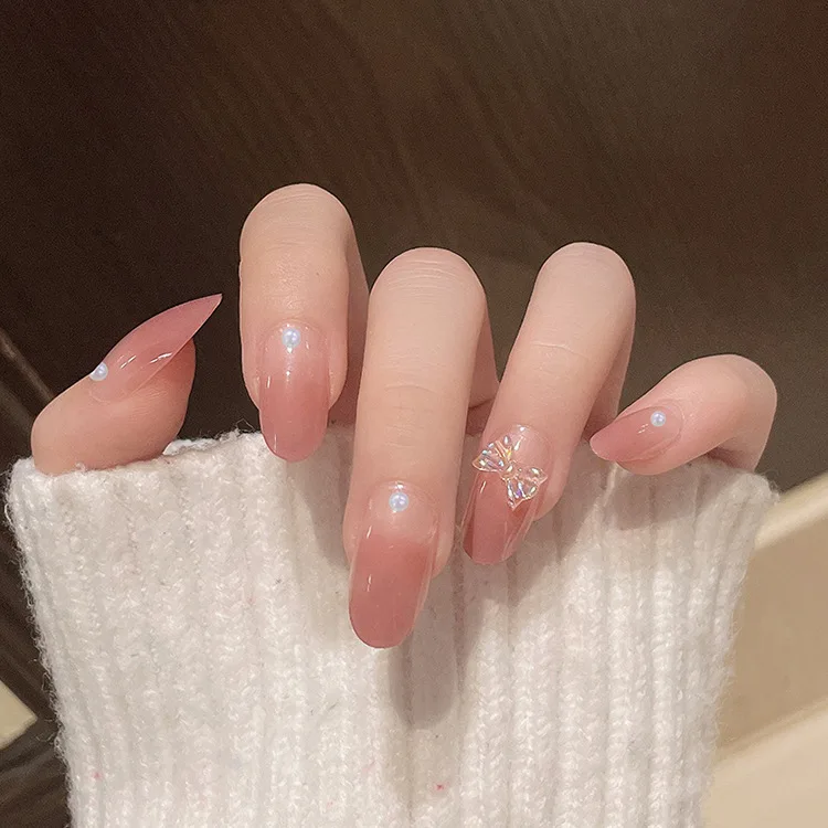 

butterfly bow pearl water Pink Ombre press on nails false 2021 press on nails