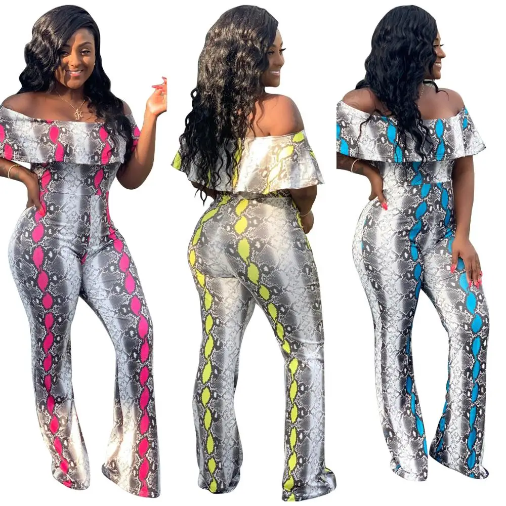 

Custom design one piece jumpsuit women's off shoulder snake printing ruffle collar bodycon rompers sexy jumpsuit for women
