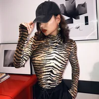 

High Neck Long Sleeve Pullover Top Tiger Bodysuit Leopard Jumpsuit Bodysuits For Women In Stock